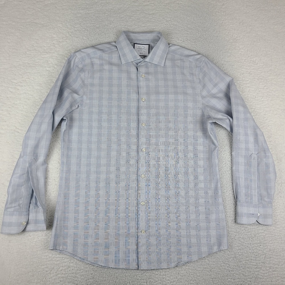 Charles Tyrwhitt Dress Shirt Mens 16 - 34 Gray Plaid Slim Fit Non Iron Button Up